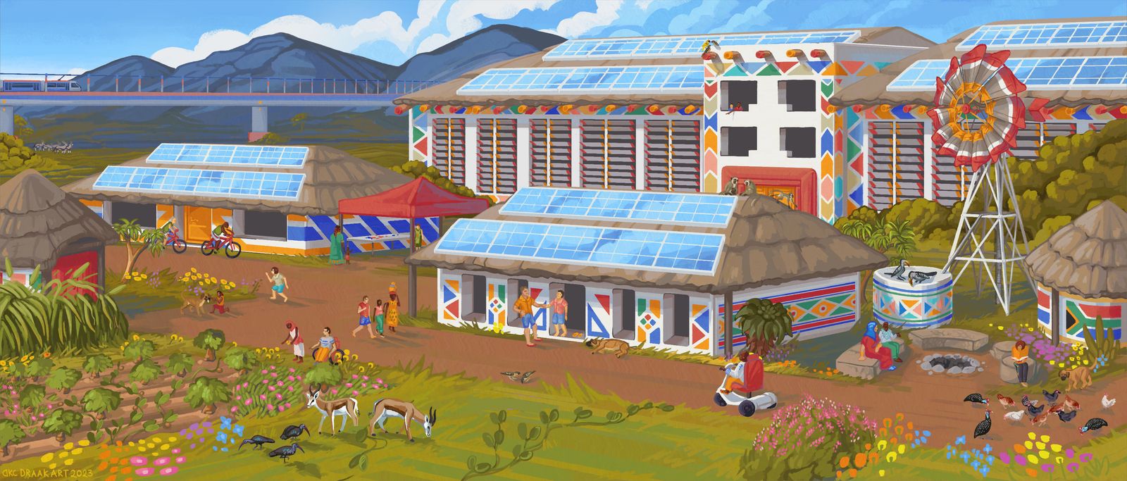 Illustration of a village with solar panels on every roof