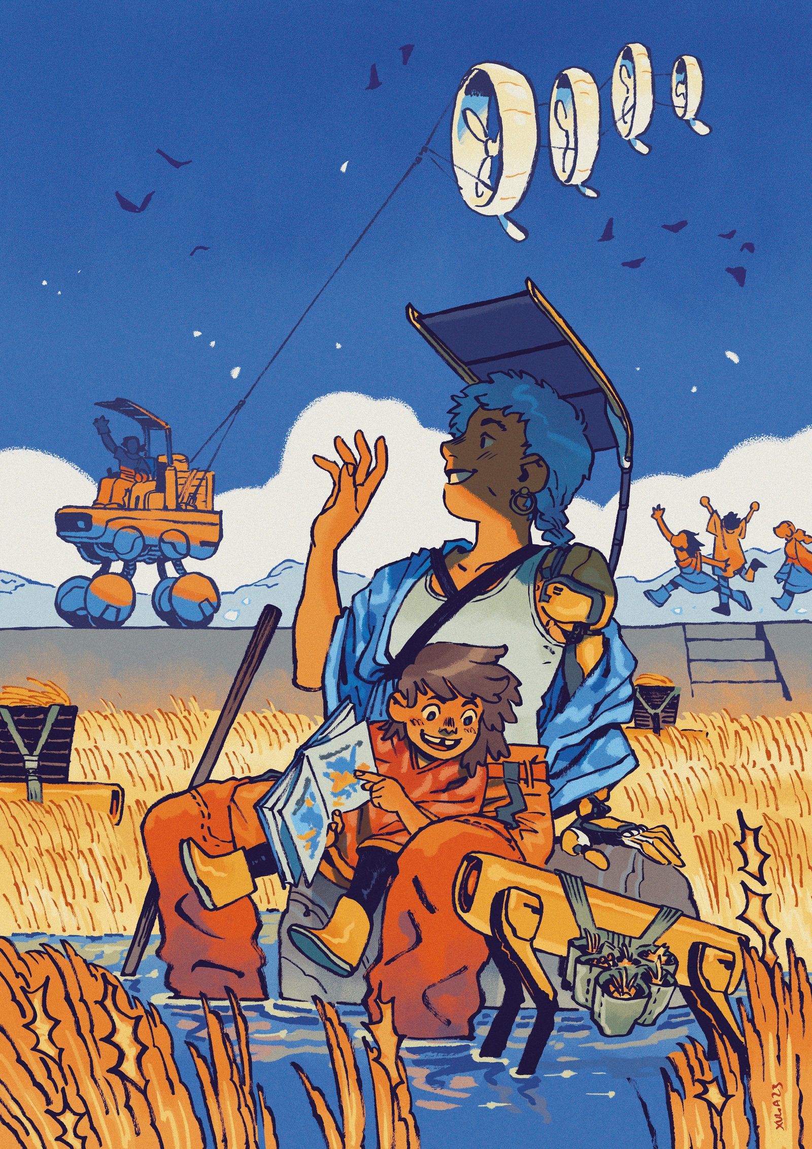 Illustration of an adult and child waving in a golden wheat field