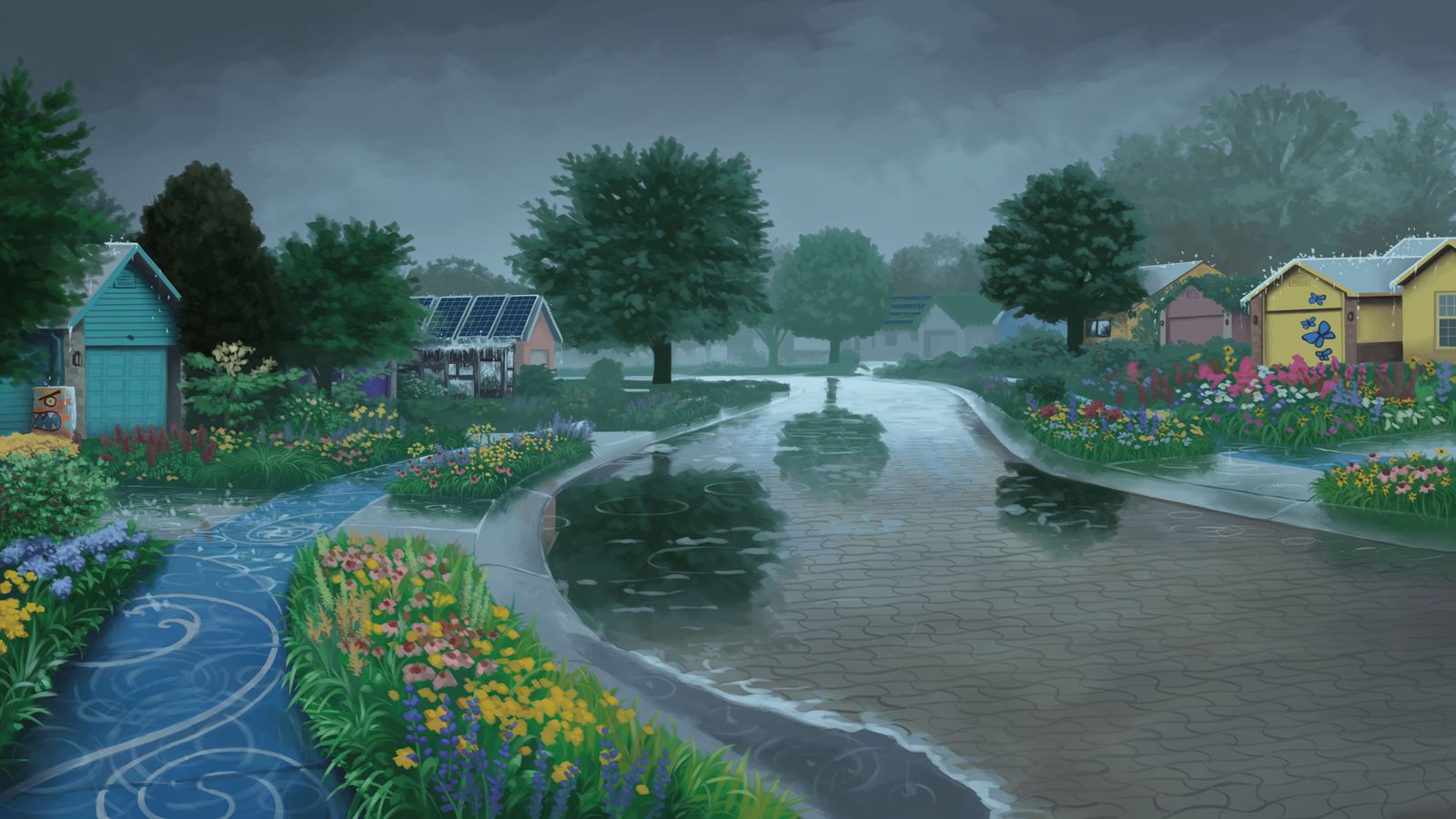 Illustration of rain falling on a green village with water channels