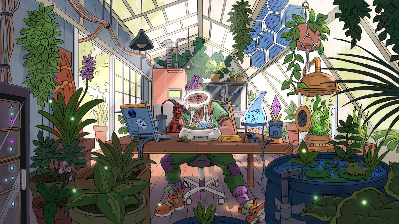 Illustration of a greenhouse workspace filled with plants and tools