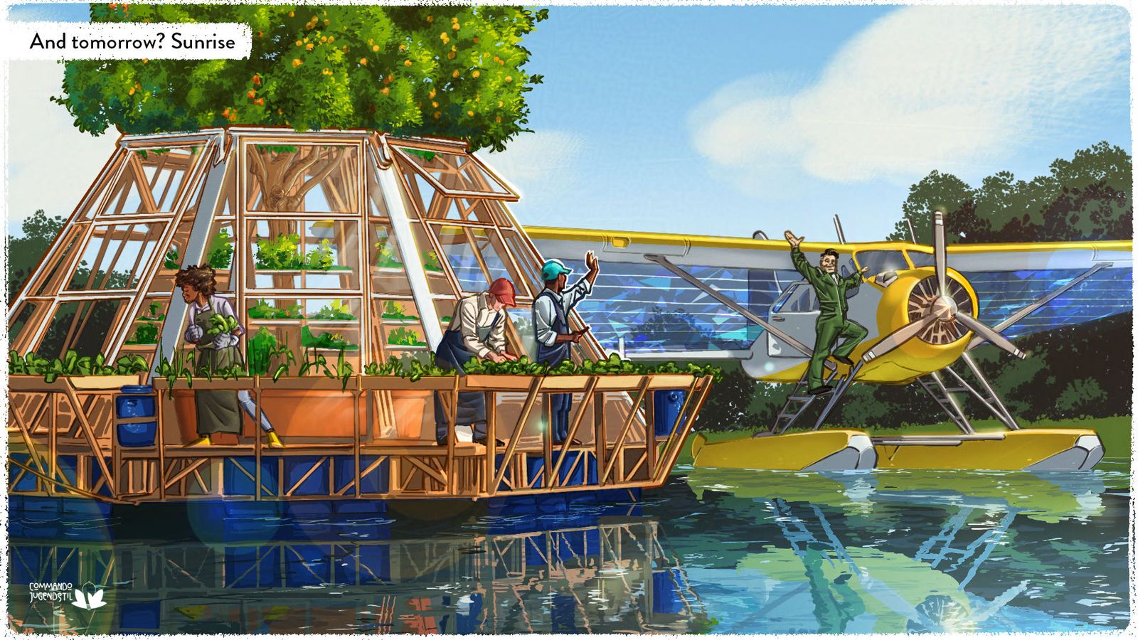 Illustration of people building a greenhouse structure together