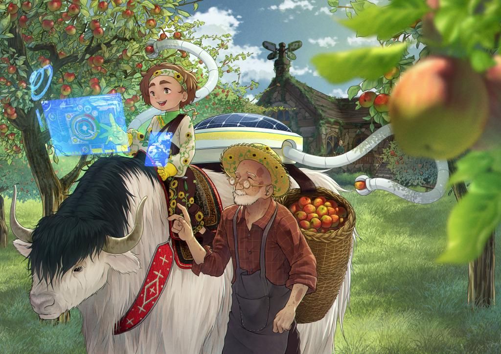 Illustration of an apple harvest being gathered