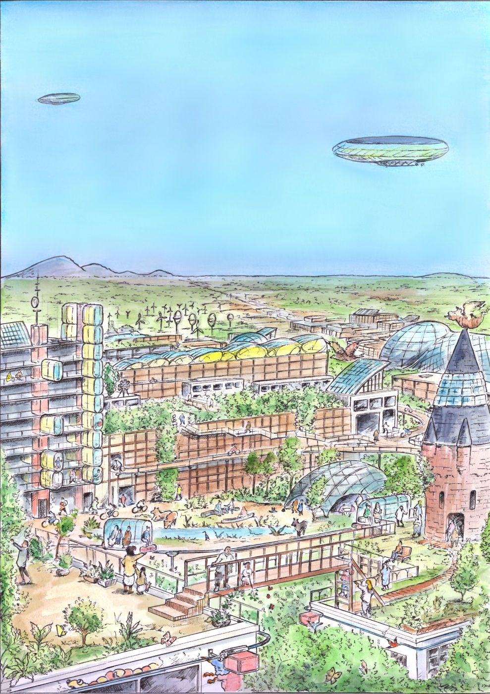 Illustration of a green solarpunk city from above
