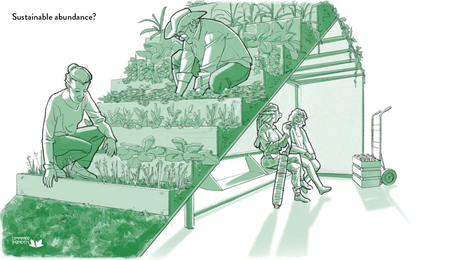 Illustration of a terraced community garden being planted